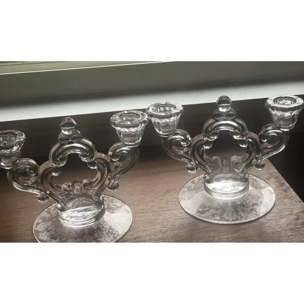 Vintage Set 1950s Cambridge Rose  Point Etched Fouled Candelabras